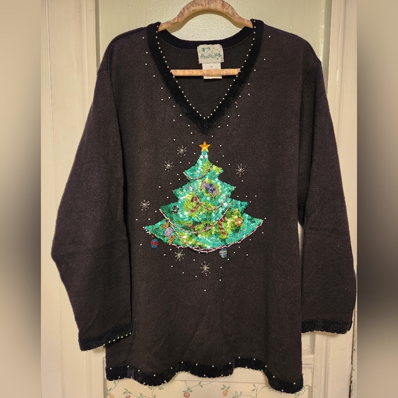 Quacker Factory Christmas Tree Holiday V-neck Black Sequin Beaded Sweater 2X - Picture 1 of 6